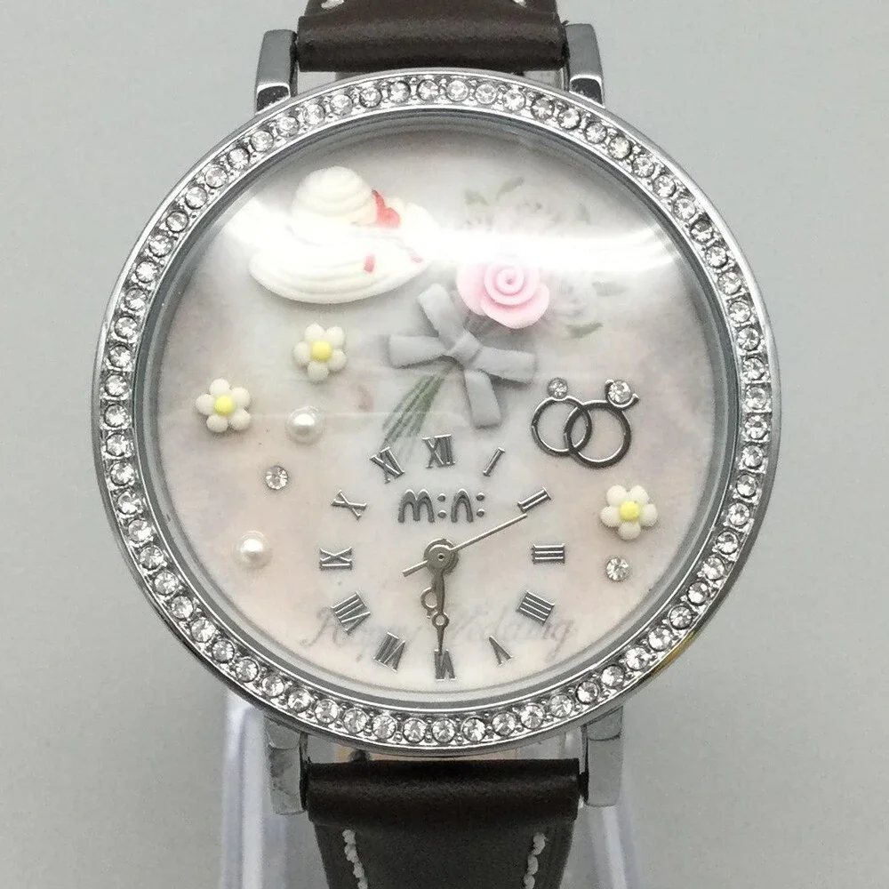 Mini Womens Watch 40mm Multicolor 3D Dial Floral Crystals Leather New Battery